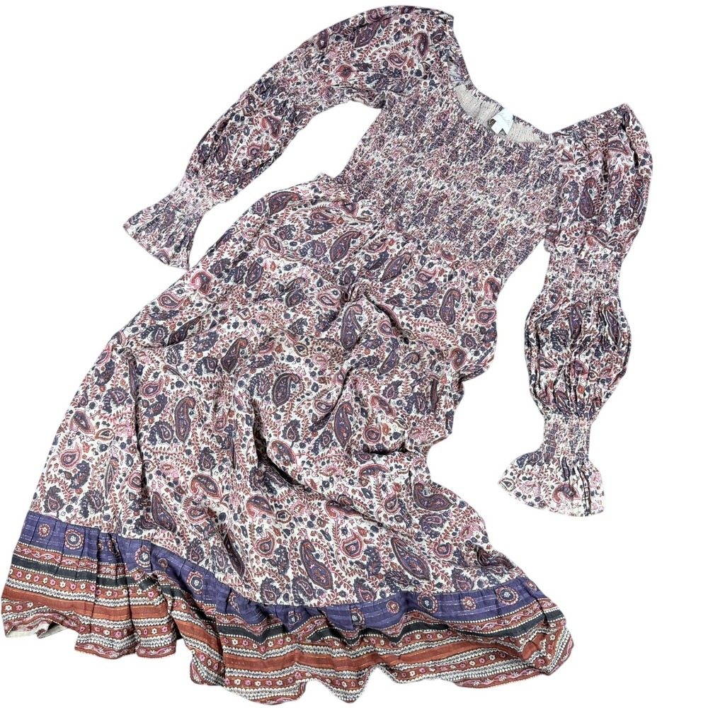 Cleobella Paisley Smocked Maxi Dress Womens M Purple Cotton Metallic Boho Casual